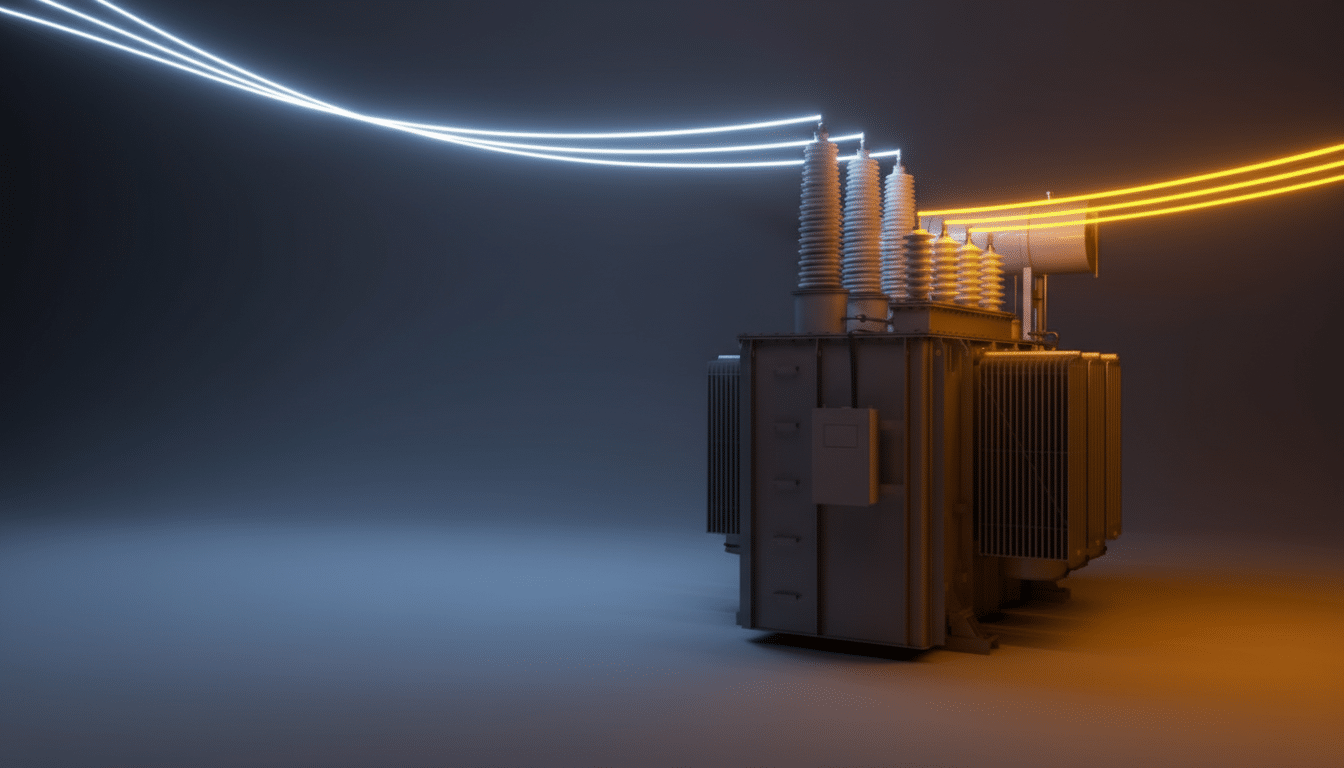A large, gray electrical transformer with glowing white and orange power lines arcing above it, set against a dark gray background.