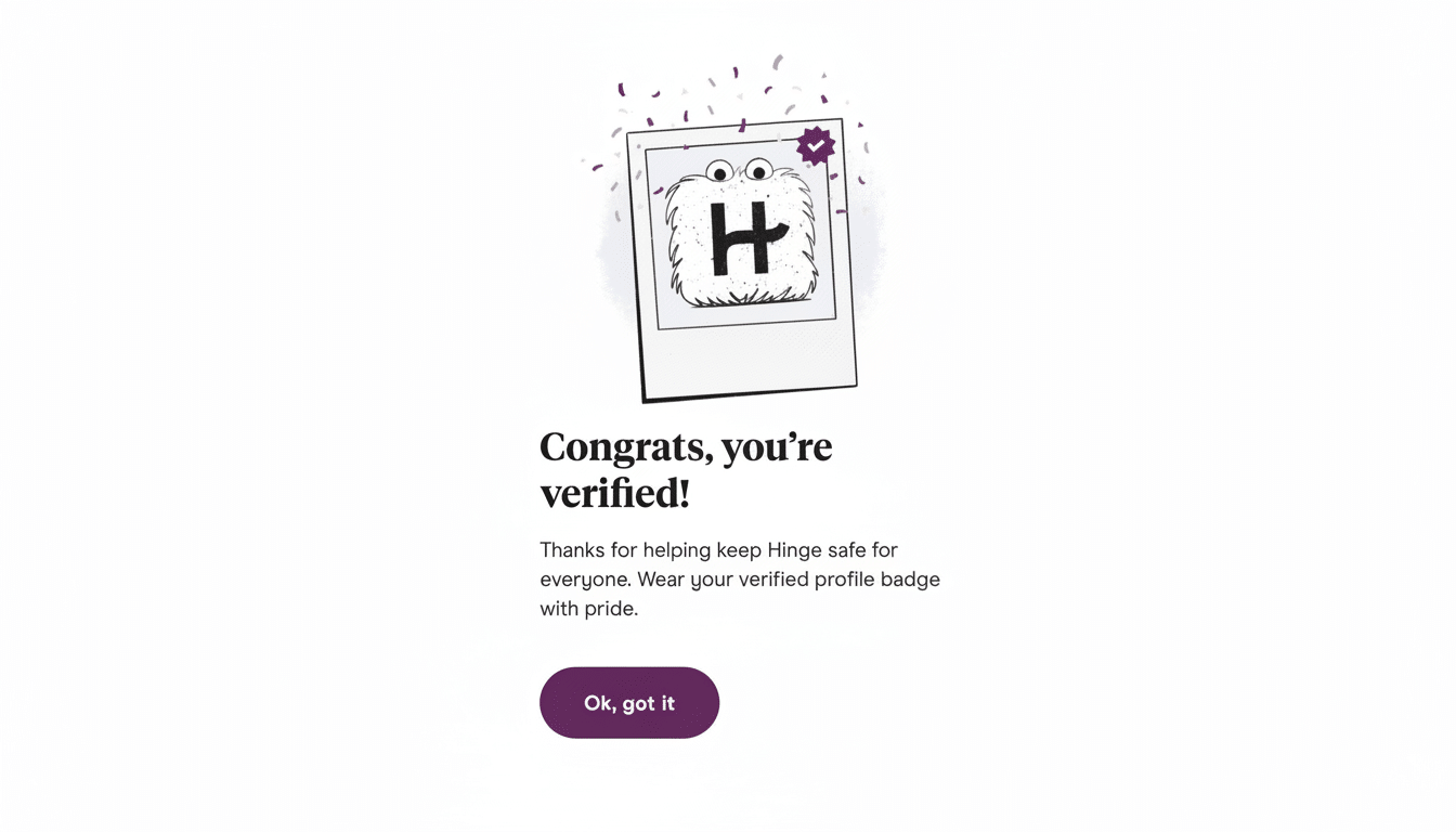 A screenshot of a Hinge app verification success screen, displaying a polaroid-style image with a furry monster holding an H and a purple checkmark, confetti, and text that reads Congrats, youre verified! and Ok, got it button.
