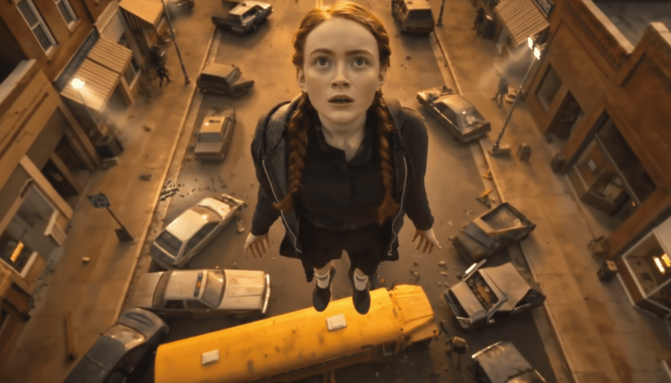 A young woman with braided hair floats above a street filled with overturned cars and debris, looking upwards with a surprised expression.