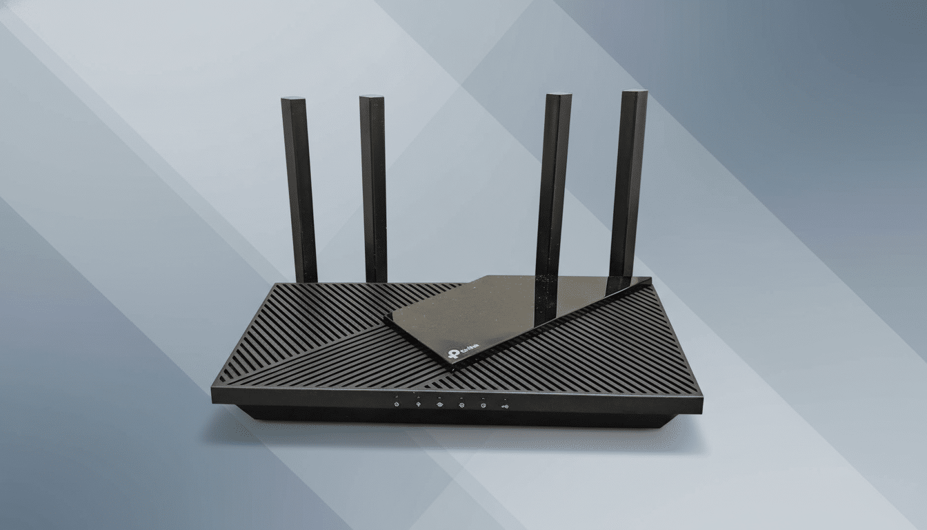 A black TP-Link router with four antennas is centered on a professional flat design background with soft gray patterns.