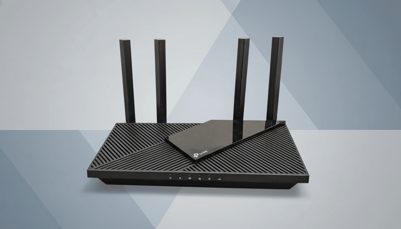 A black TP-Link router with four antennas, presented on a professional flat design background with soft gray gradients.