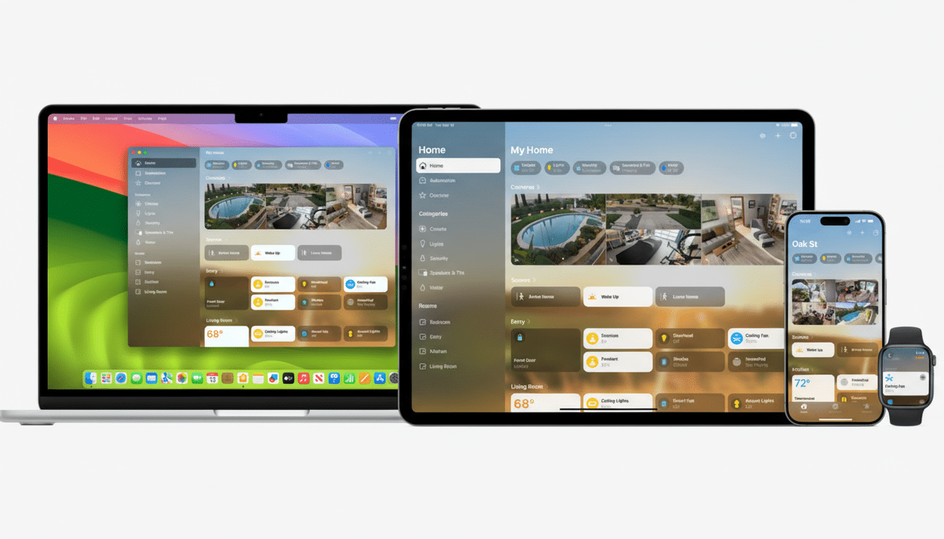 A MacBook, iPad, iPhone, and Apple Watch displaying the Apple Home app interface, showcasing smart home controls and camera views of a house with a pool.