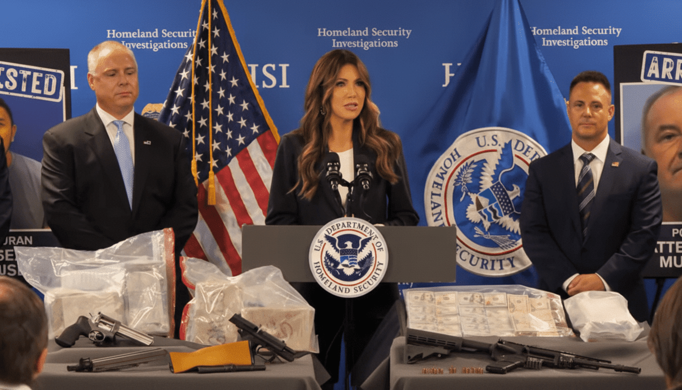 A woman speaks at a podium with two men standing on either side of her, in front of a Homeland Security Investigations backdrop. In the foreground, a table displays various items including firearms, bundles of cash, and packages of what appears to be illicit substances.