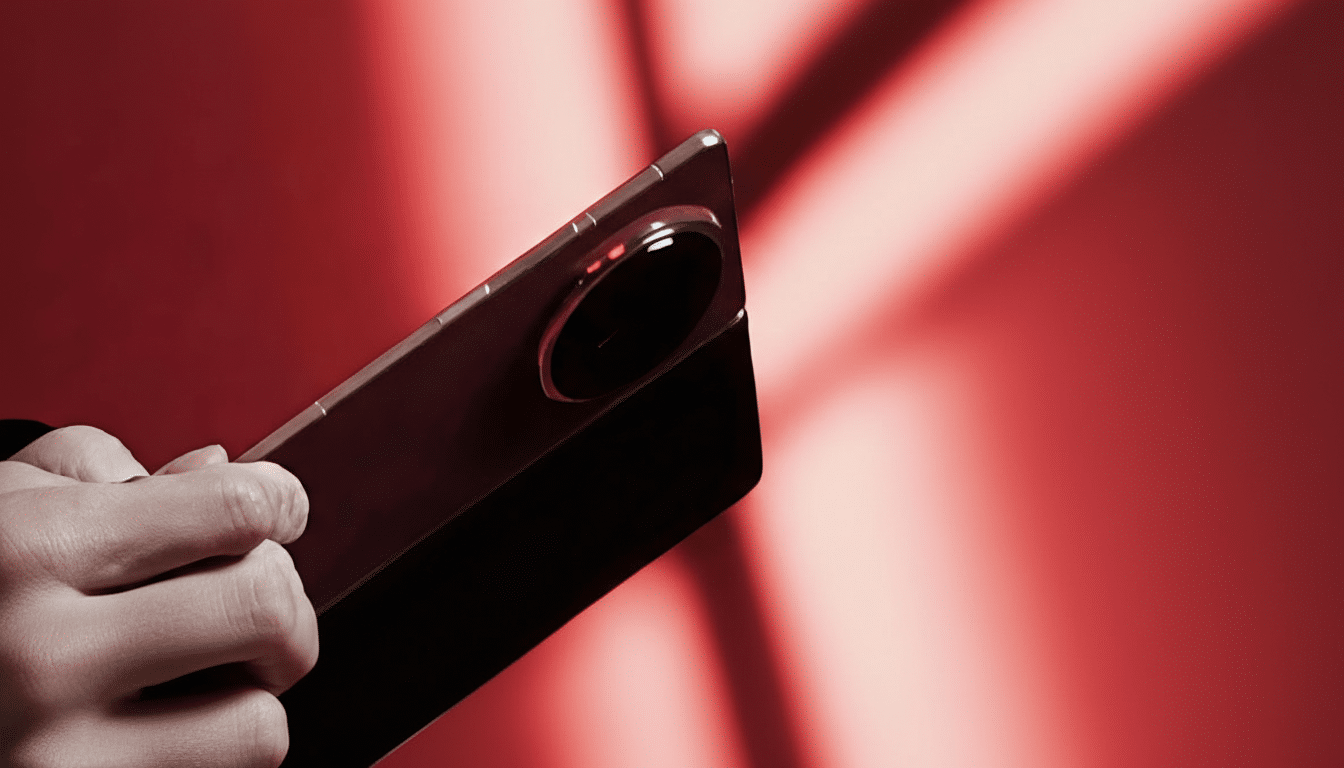 A hand holding a smartphone with a large circular camera module, set against a red background with subtle light patterns.