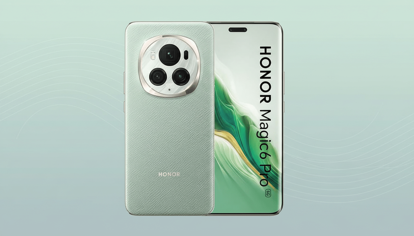A light green Honor Magic6 Pro smartphone is displayed against a soft, light blue-green background with subtle wave patterns. The phone is shown from the front and back, highlighting its camera module and screen.
