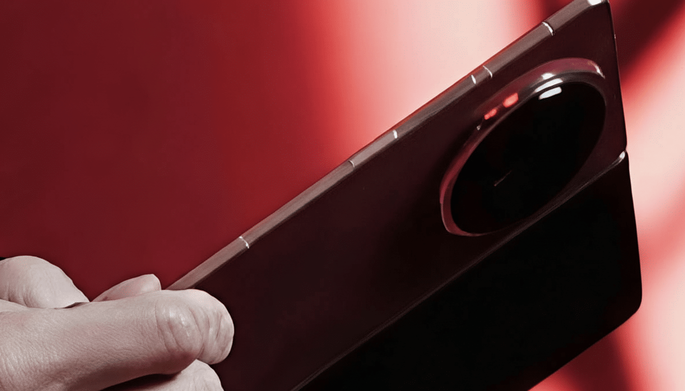 A hand holding a smartphone with a large, circular camera module on a red background.