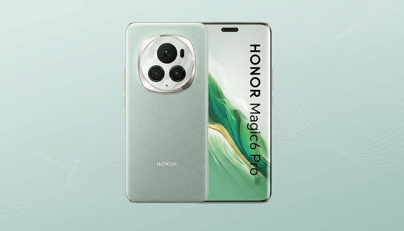 A light green Honor Magic6 Pro smartphone is displayed at a 16:9 aspect ratio, with its front and back visible. The background is a professional flat design with soft patterns.