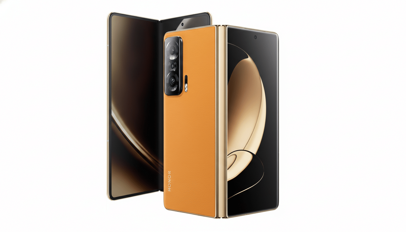 A professional image of a foldable smartphone with an orange leather-like back, presented in a 16:9 aspect ratio on a clean white background.