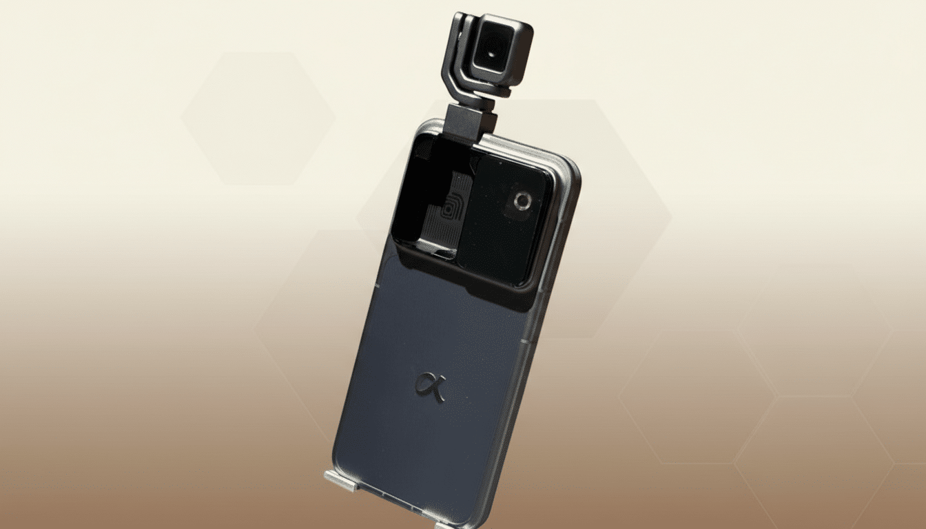 A smartphone with an attached external camera module, presented on a professional flat design background with soft patterns.