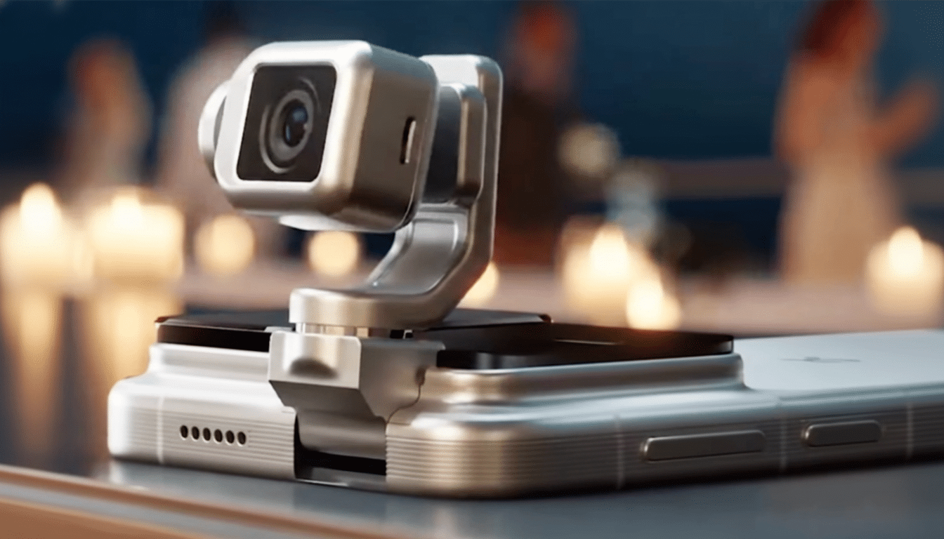 A close-up shot of a compact, silver camera module attached to a smartphone, with a blurred background of people and warm lights.