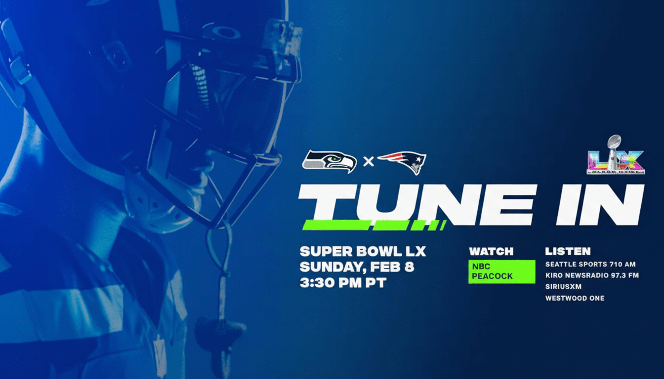 A promotional image for Super Bowl LX, featuring a football helmet on the left and text details for the game, including TUNE IN, SUPER BOWL LX SUNDAY, FEB 8 3:30 PM PT, and watch/listen information.