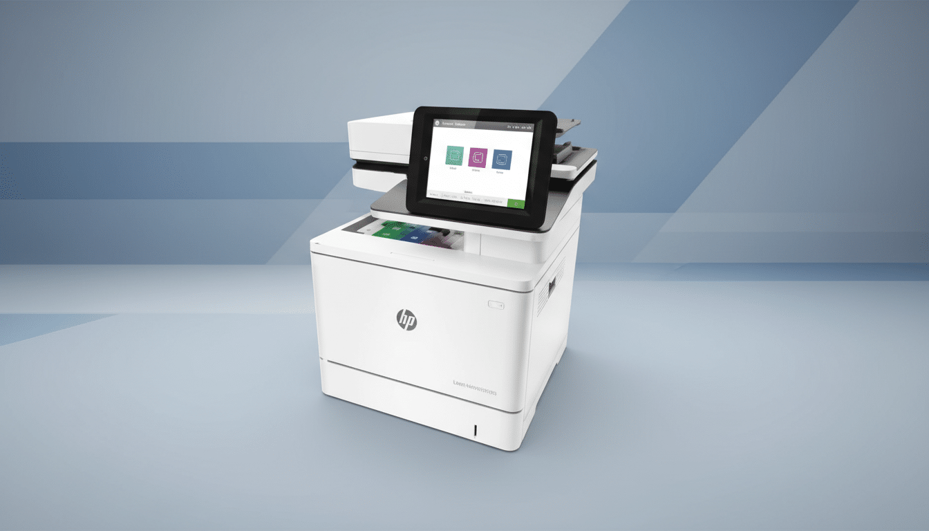 A white HP LaserJet printer with a touchscreen display, set against a professional blue and grey gradient background.
