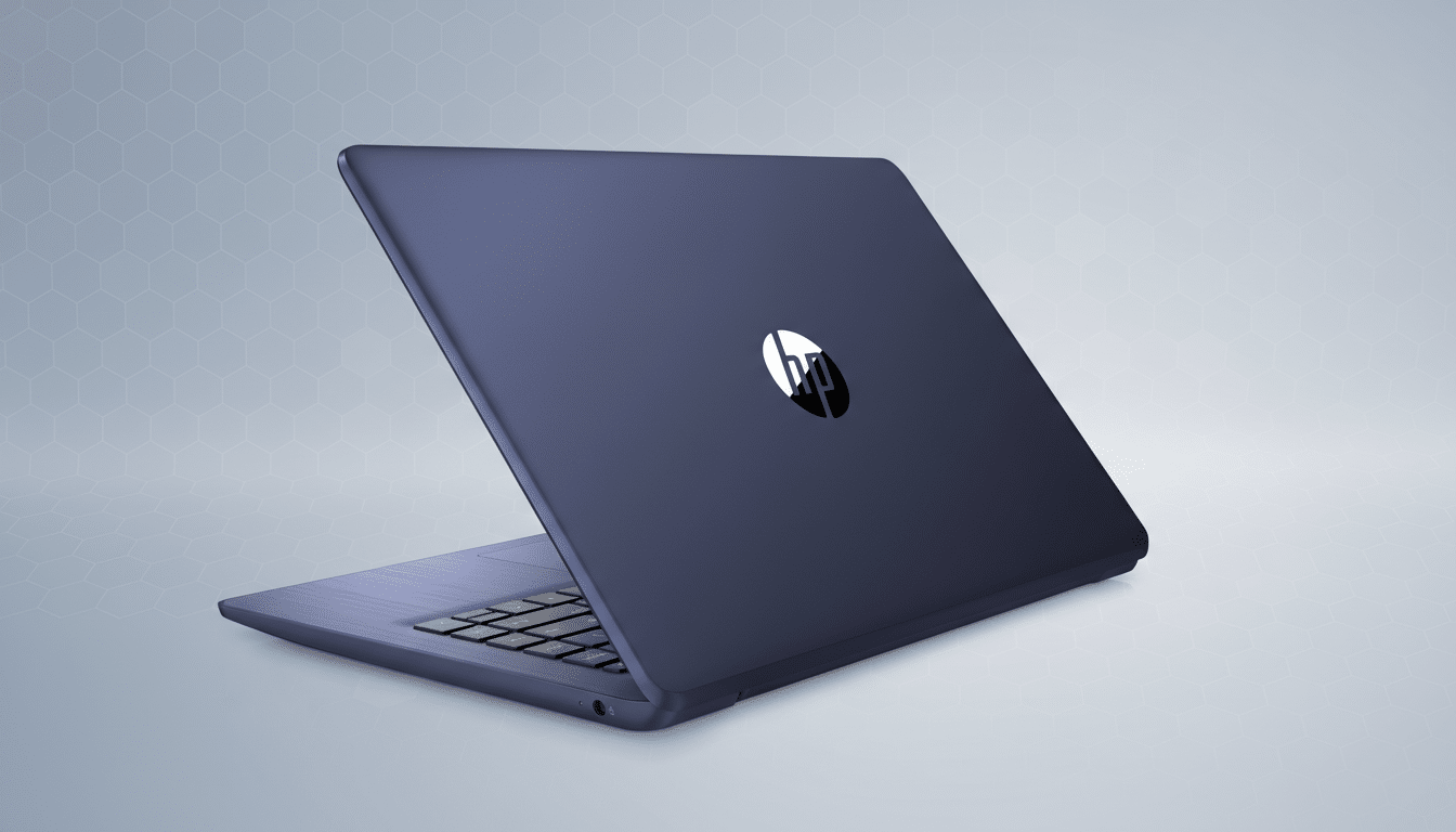 A dark blue HP laptop with its lid partially open, showcasing the HP logo on the back, set against a professional light gray background with a subtle hexagonal pattern.