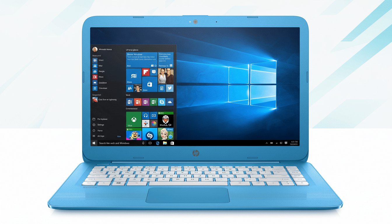 A blue HP laptop with Windows 10 displayed on the screen, set against a professional flat design background with soft blue and white patterns.