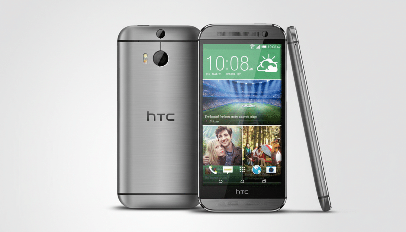 A silver HTC smartphone is displayed in a 16:9 aspect ratio. The phone is shown from the front, back, and side, with the screen displaying a time of 10:08 AM, a weather icon, and various app icons.