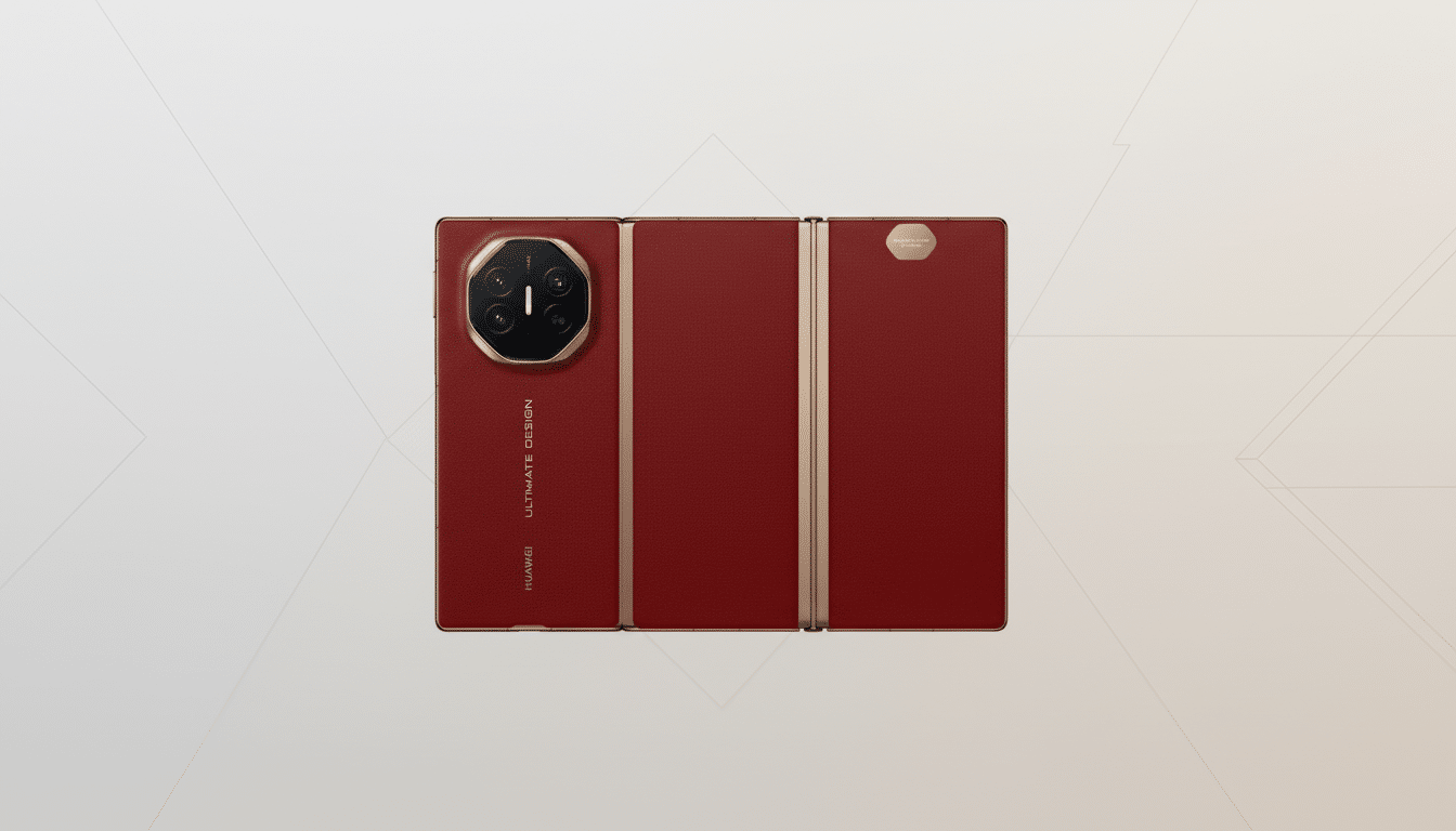 A red Huawei foldable phone with a circular camera module and gold accents, presented on a professional light gray background with subtle geometric patterns.