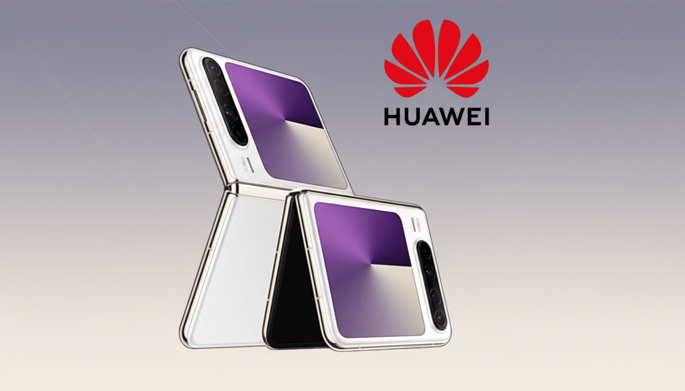 A Huawei foldable phone in white with a purple screen, next to the Huawei logo, set against a professional flat design background with soft gradients.