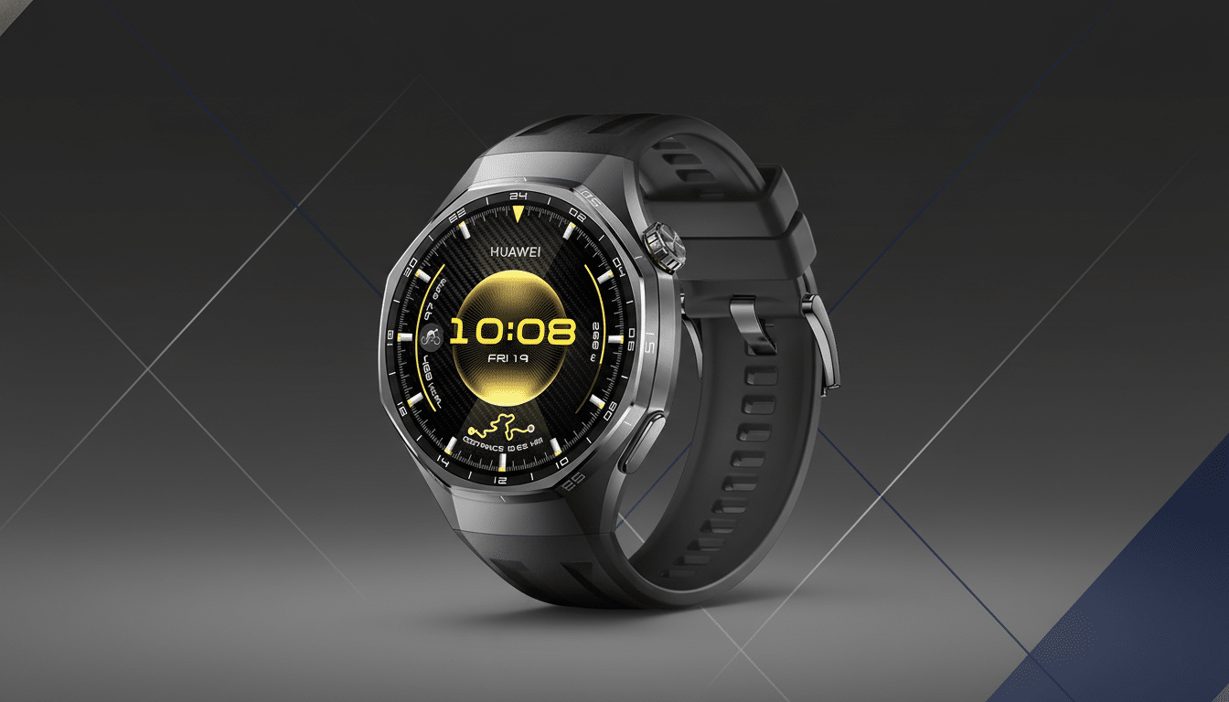 A Huawei smartwatch with a dark gray strap and a yellow and black watch face, set against a professional dark gray background with subtle geometric patterns.