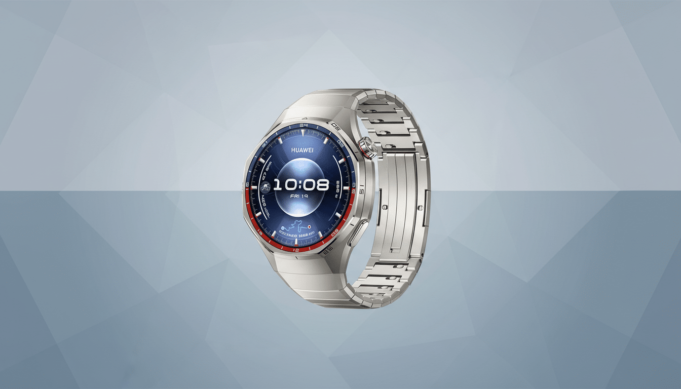 A silver Huawei smartwatch with a metallic band is centered on a professional flat design background with soft blue-grey geometric patterns.