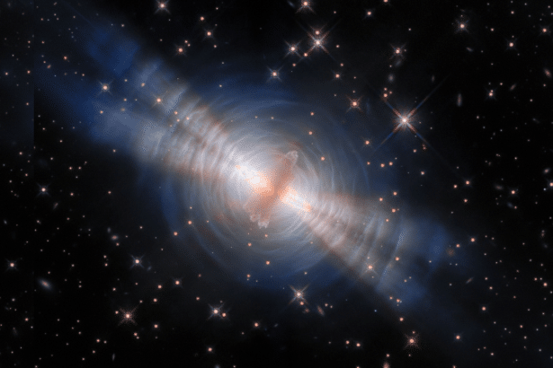 Hubble Space Telescope view of final light from a dying star in a glowing nebula
