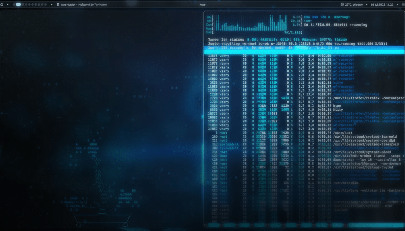 A computer screen displaying a terminal interface with various processes and system information in a dark blue and black color scheme.