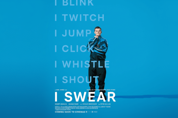 A movie poster for I Swear featuring a man in a blue tracksuit standing against a blue background with text.