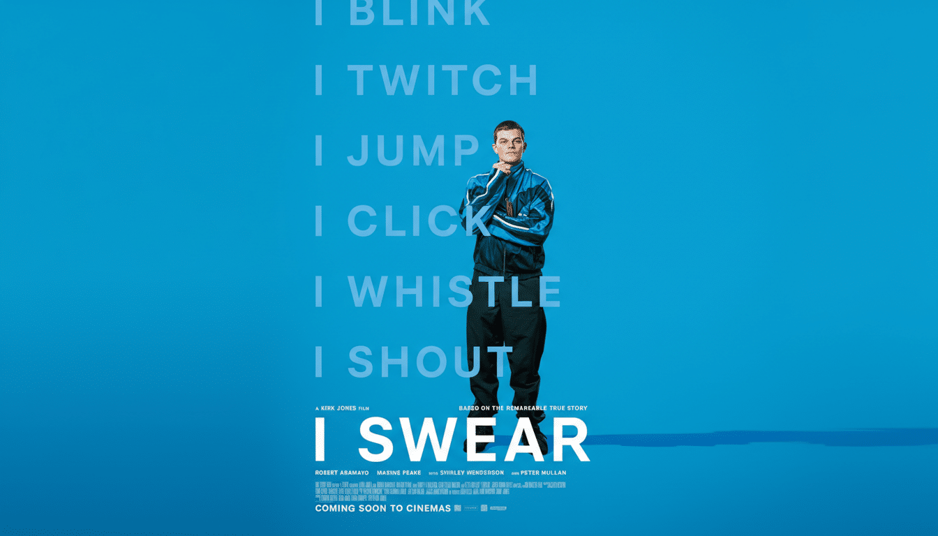 A movie poster for I Swear featuring a man in a blue tracksuit standing against a blue background with text.