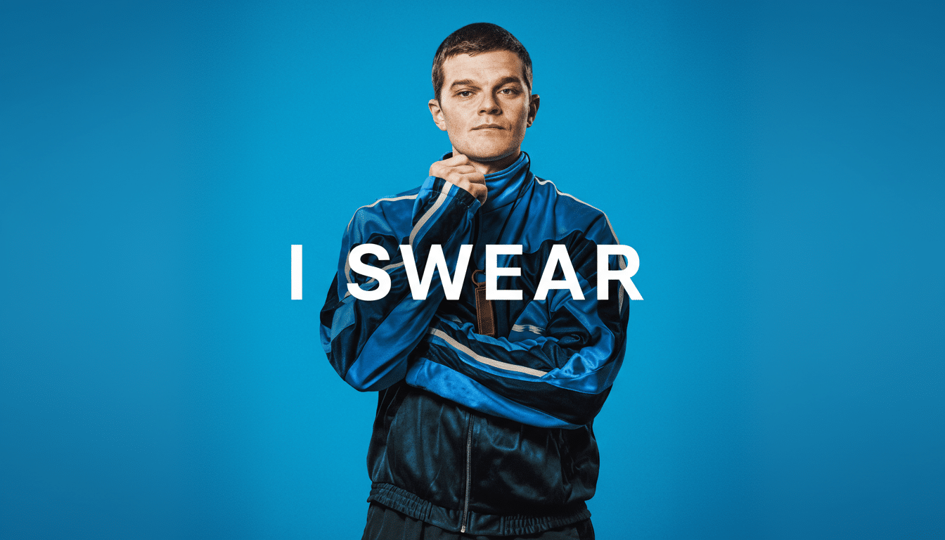 A man in a blue tracksuit with the words I SWEAR in white text, resized to a 16:9 aspect ratio.
