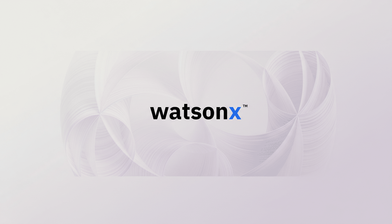 The Watsonx logo is centered on a light gray background with subtle, abstract, light purple and white swirling patterns.