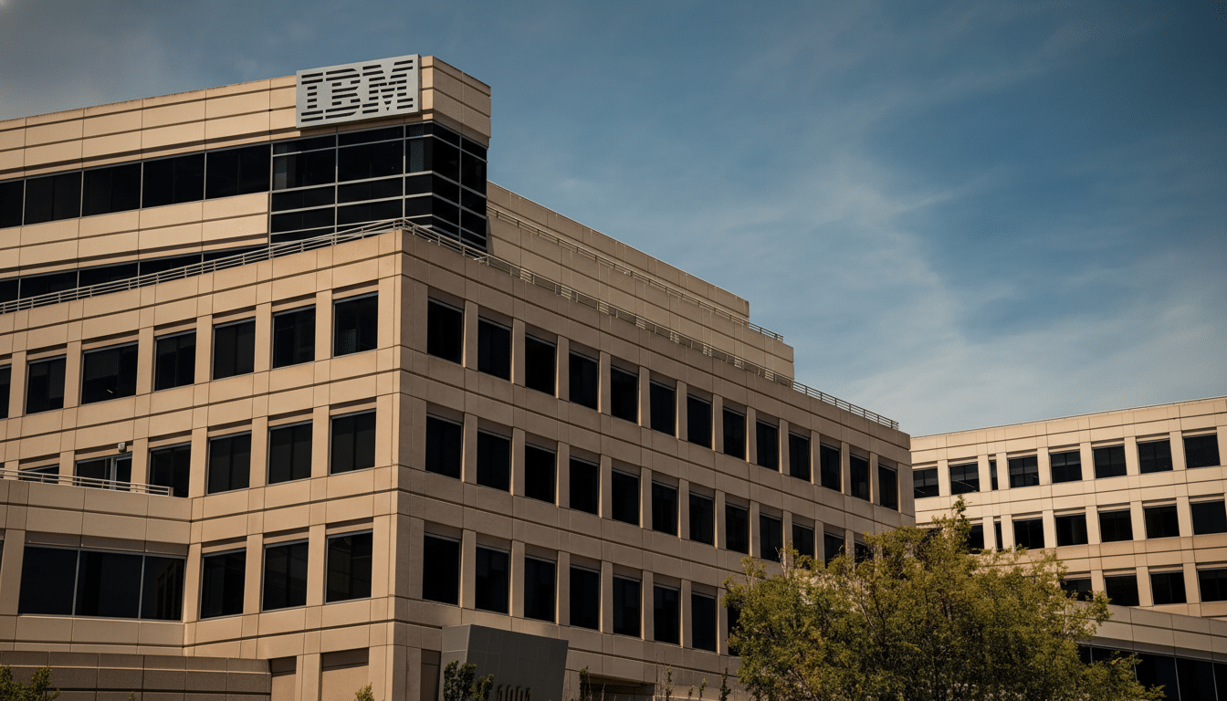 A professional, enhanced image of the IBM building with a 16:9 aspect ratio, featuring a clear blue sky and a plane in the background.