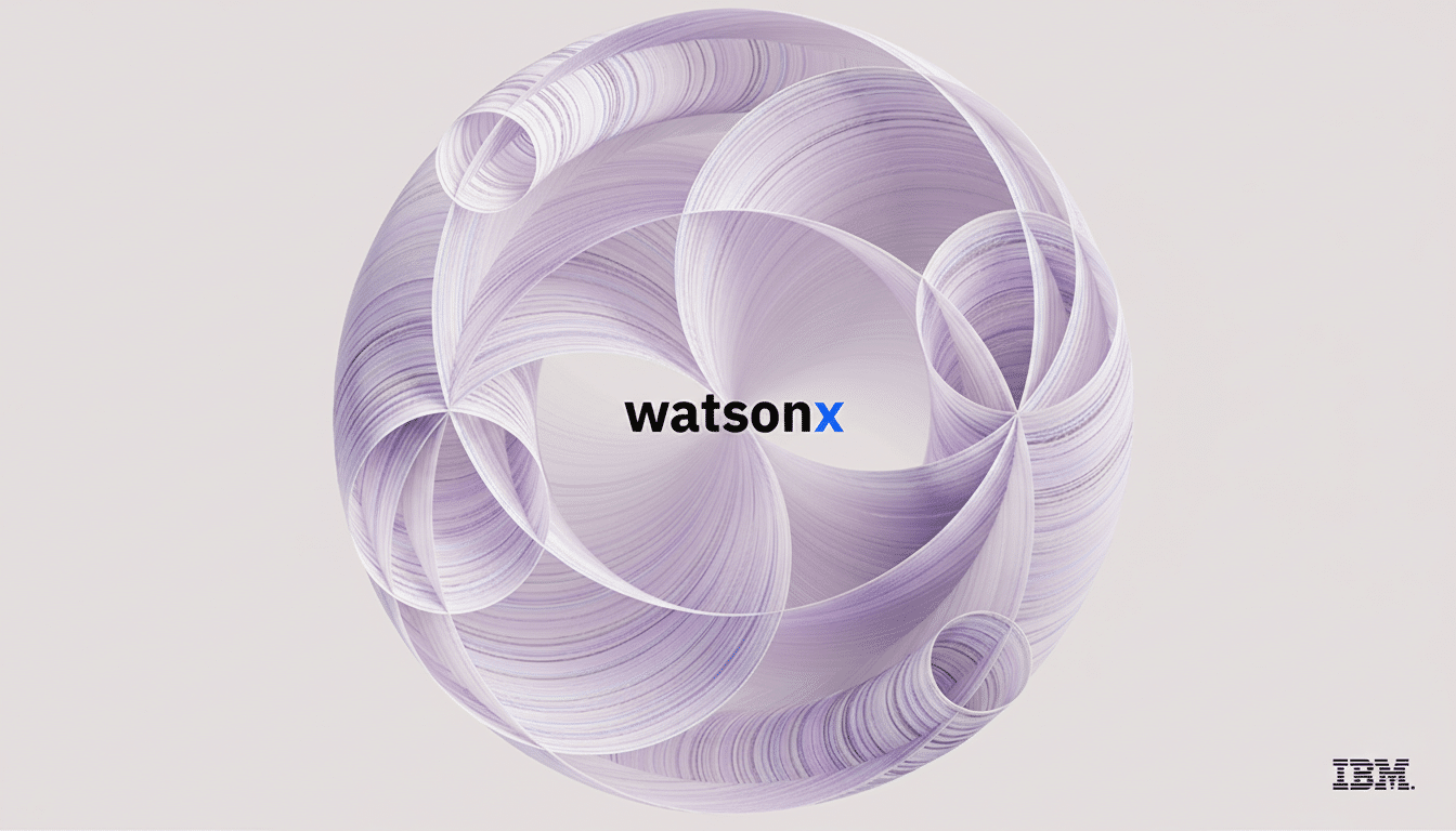 The IBM Watsonx logo is centered on a light purple background with a swirling, abstract purple and white spherical design.