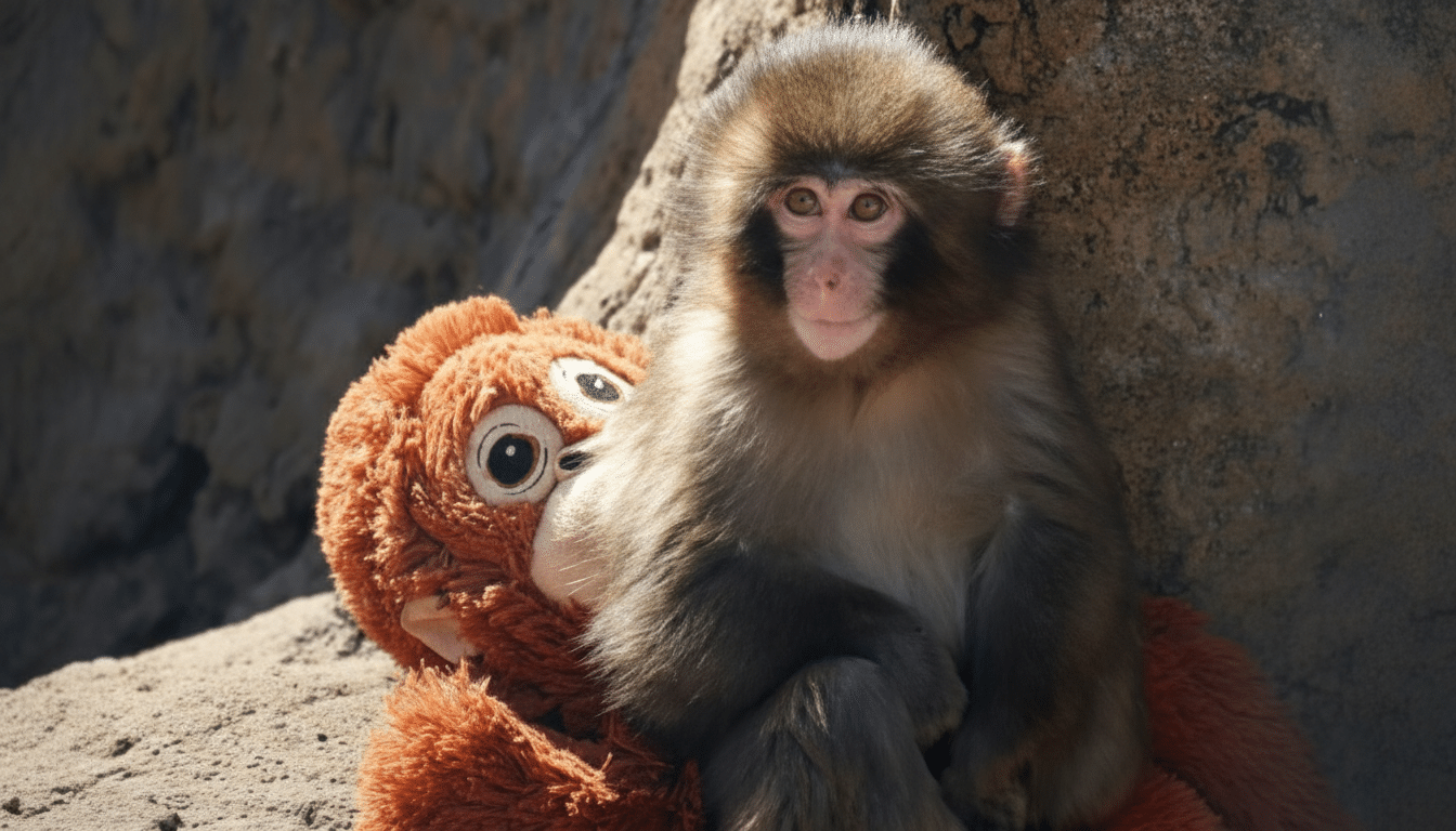 A monkey sitting on a stuffed animal, resized to a 16:9 aspect ratio.