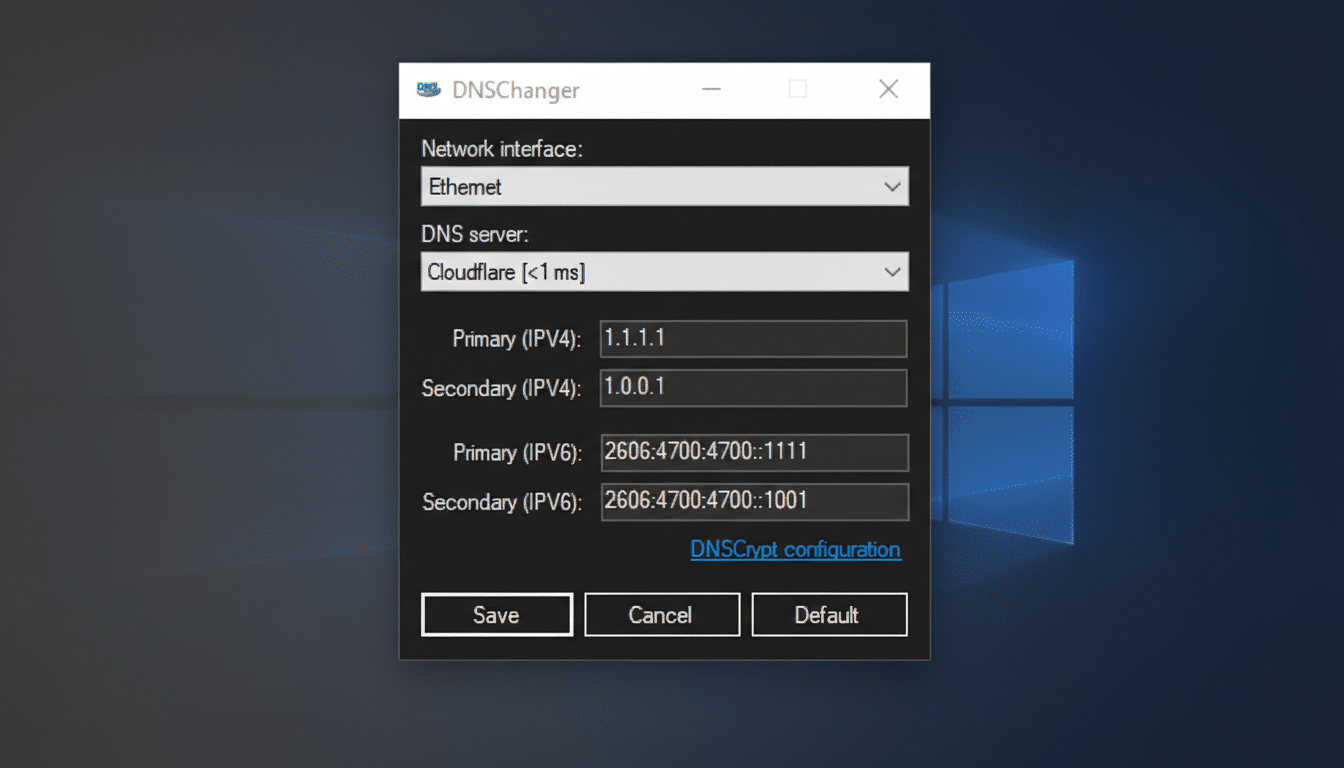 A screenshot of the DNSChanger application interface, showing network interface and DNS server settings.