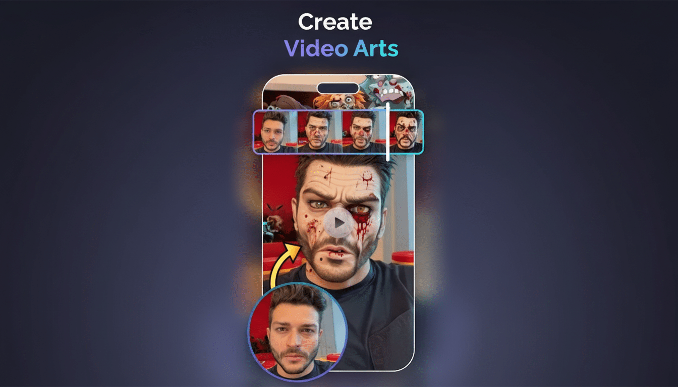 A mobile phone screen displaying a video editing app with a mans face transforming into a zombie-like character with blood and wounds. The apps interface shows a timeline of different stages of the transformation and a smaller circular preview of the original face. The background is a professional flat design with soft patterns and gradients.