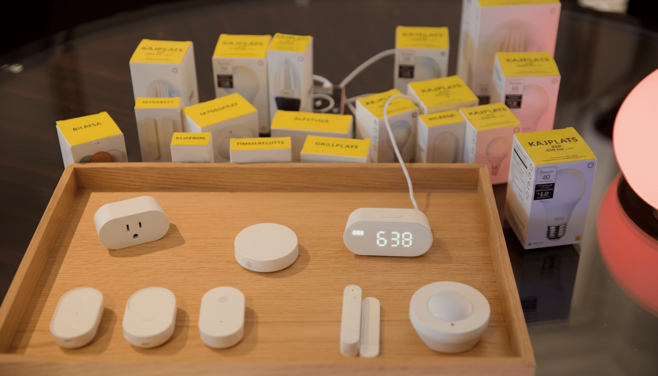 A collection of smart home devices and their packaging displayed on a wooden tray and a table.