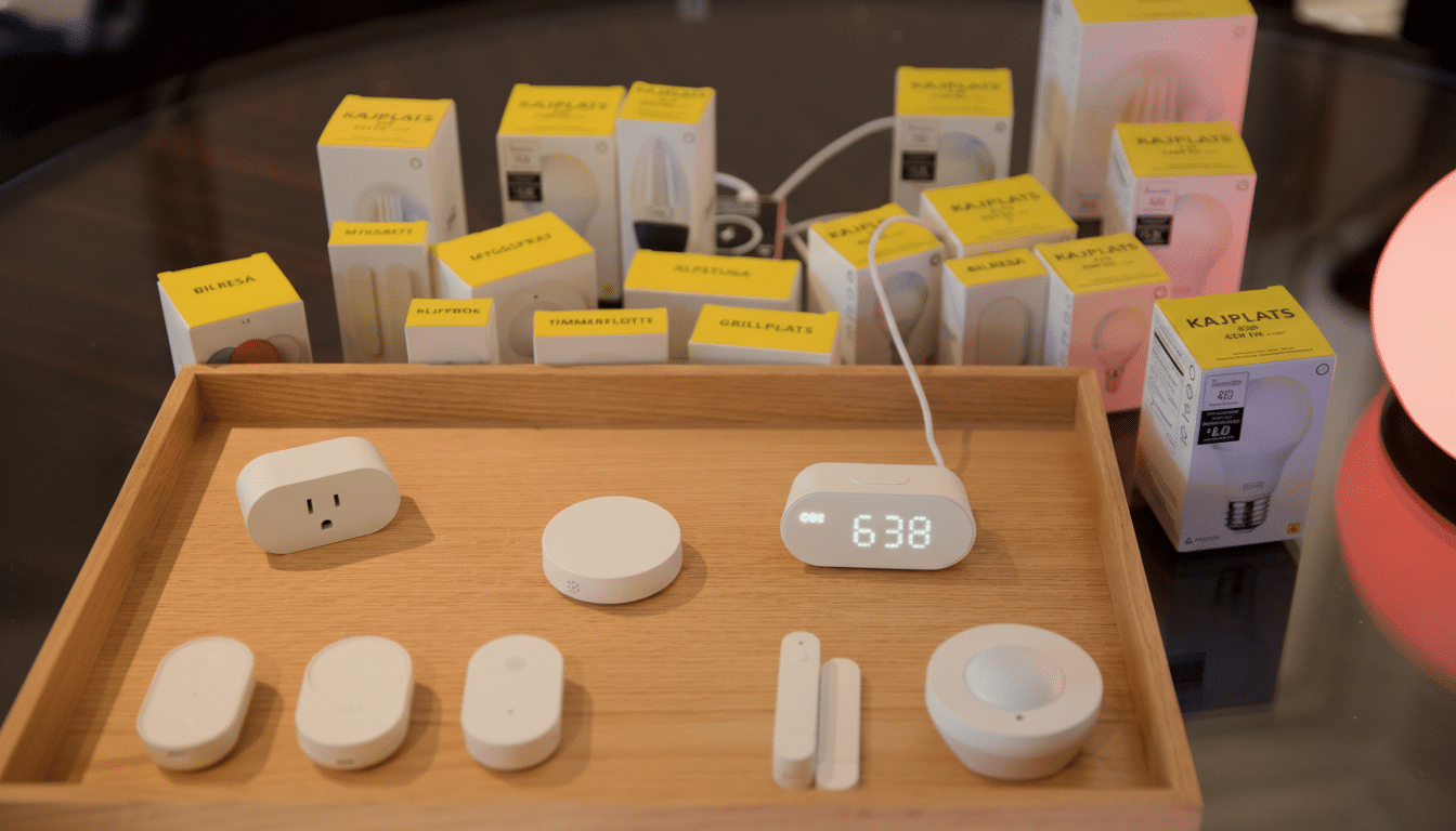 A collection of smart home devices and their packaging displayed on a wooden tray and a glass table.