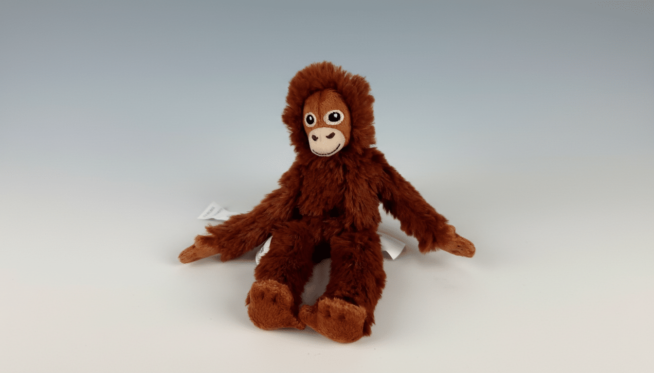 A plush orangutan toy with brown fur, a light brown face, and black eyes, sitting on a white surface with a subtle gradient background.