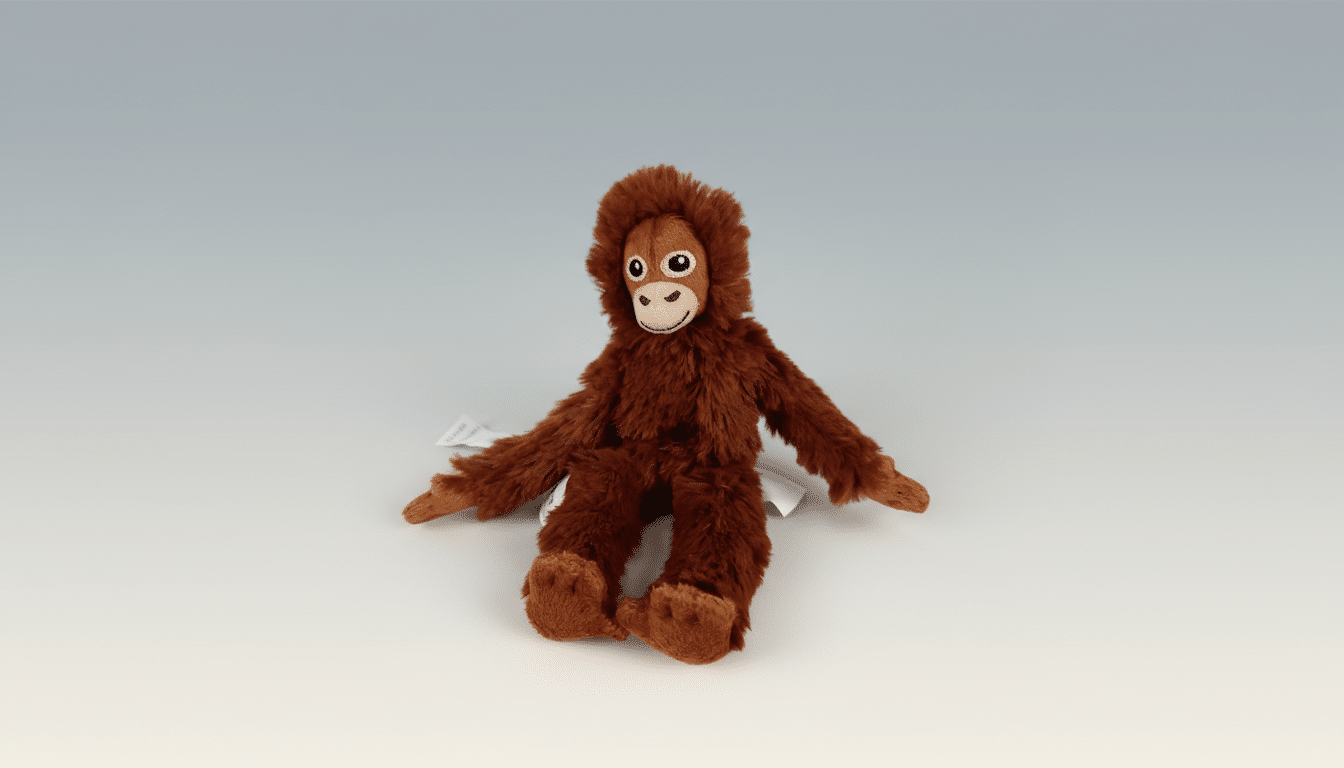 A brown orangutan plush toy with a light gray and white gradient background.