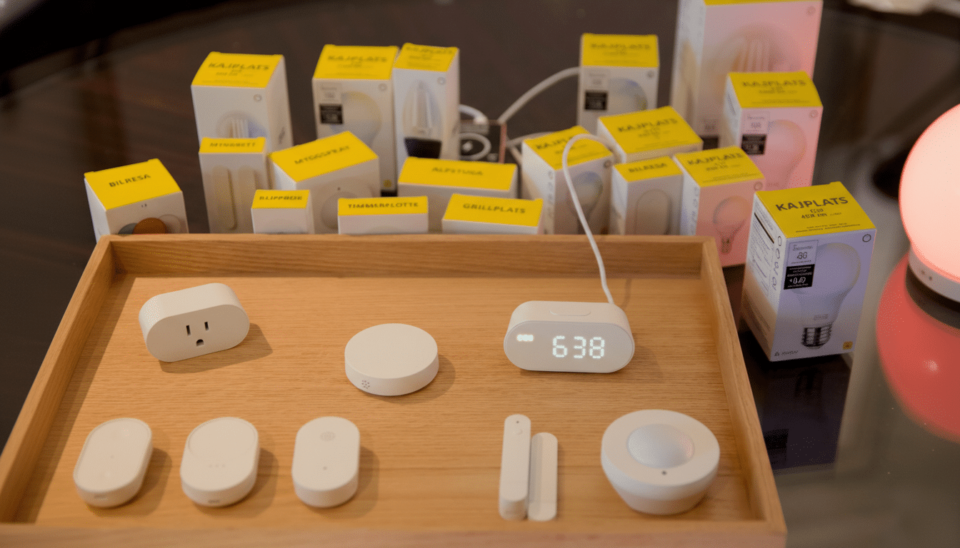 A collection of smart home devices and their packaging displayed on a wooden tray and a table.