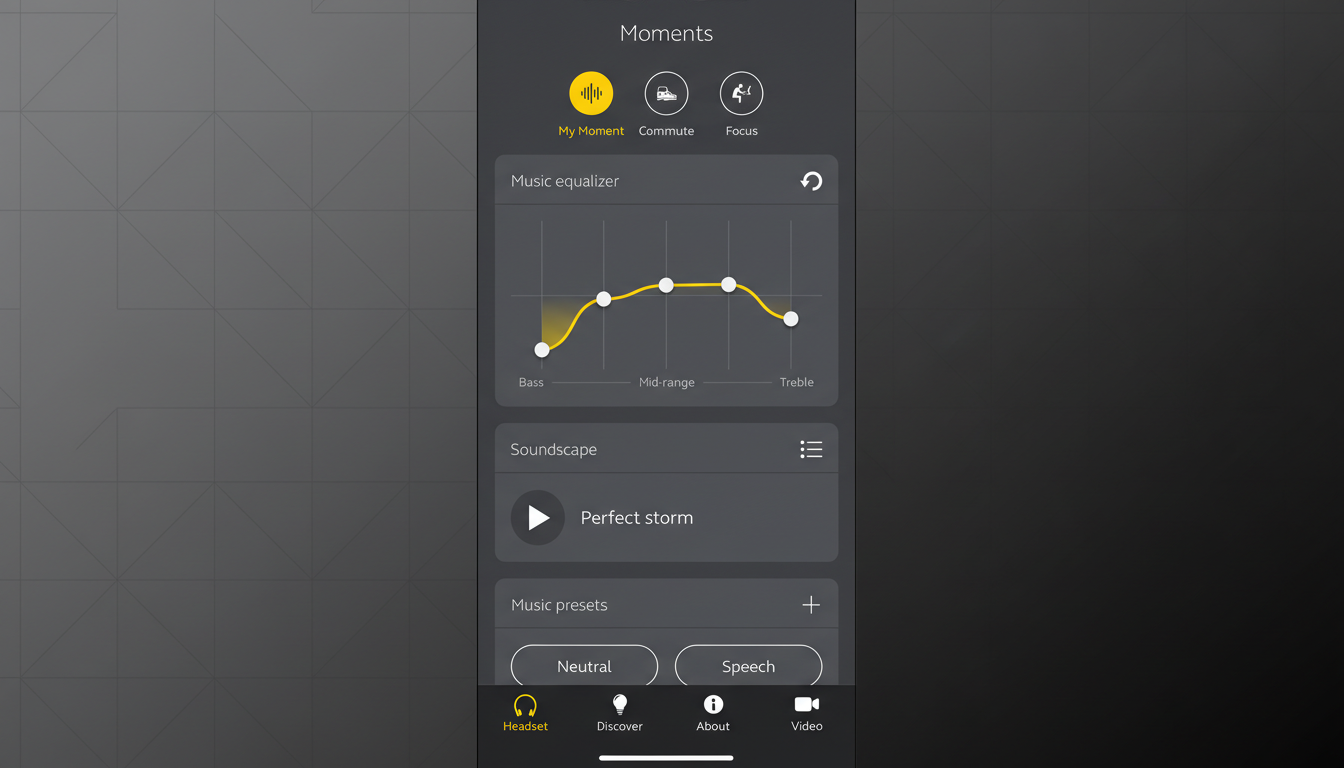 A mobile app interface for Moments with a music equalizer, soundscape options, and music presets, displayed on a dark background with a subtle geometric pattern.