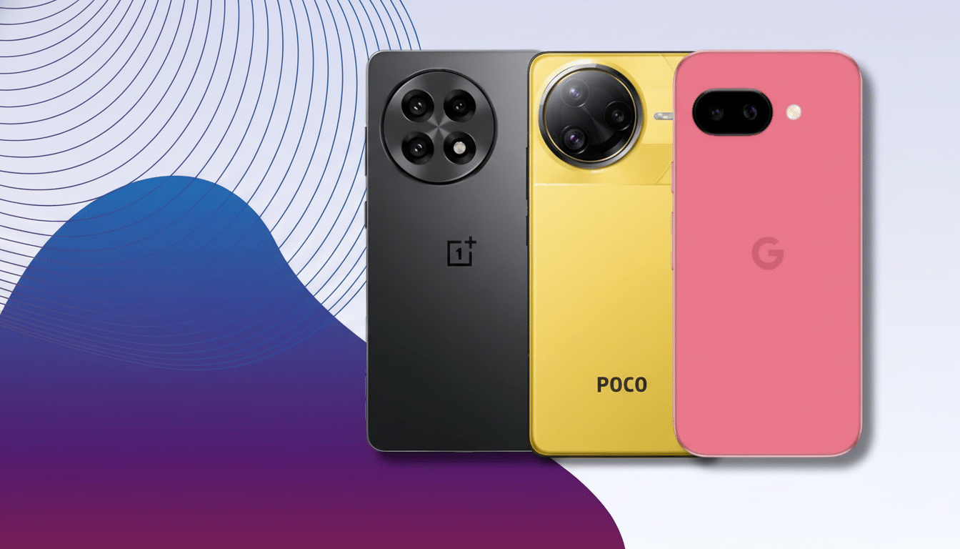 Three smartphones, a black OnePlus, a yellow Poco, and a pink Google Pixel, are displayed against a background with abstract blue and purple shapes and white lines.