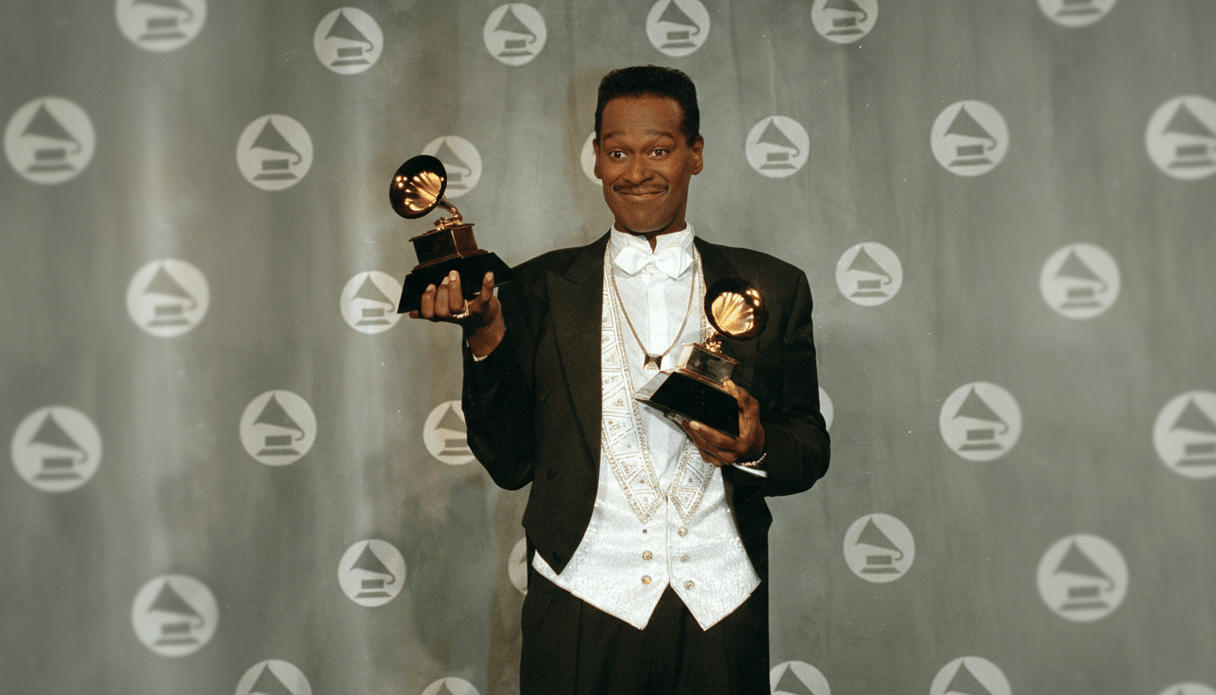 Luther Vandross holding two Grammy awards, smiling at the camera.
