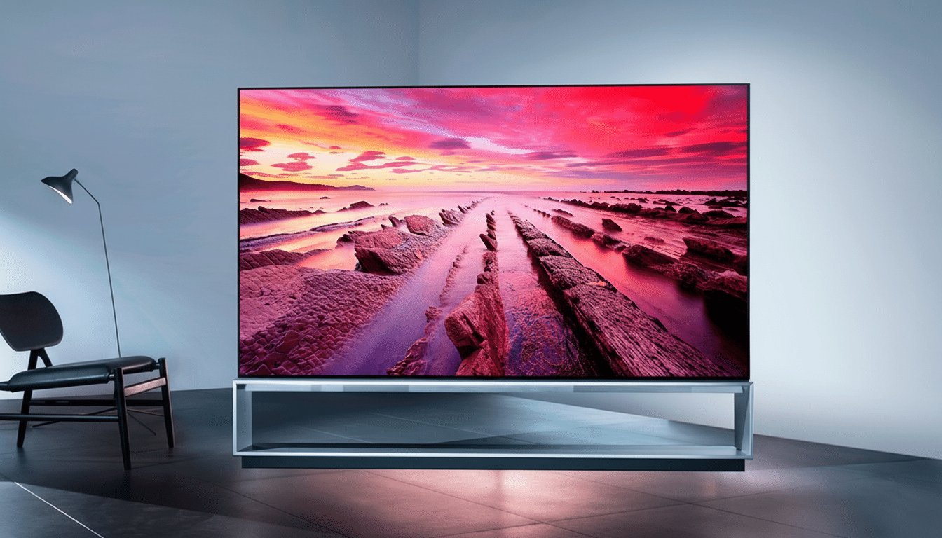 A large, modern television displaying a vibrant sunset landscape, set in a minimalist room with a black chair and lamp.