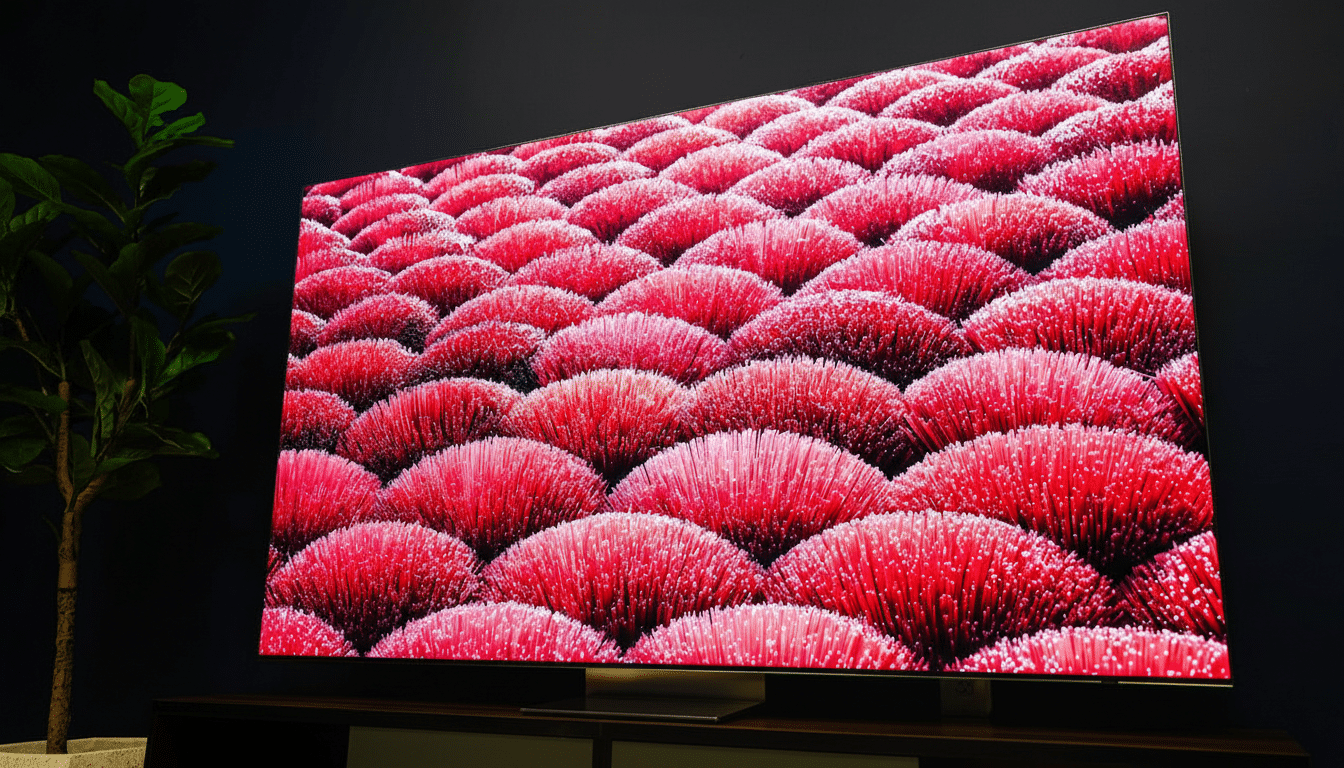 A large, modern television displaying a vibrant red and pink abstract pattern, set against a dark background with a plant on the left.