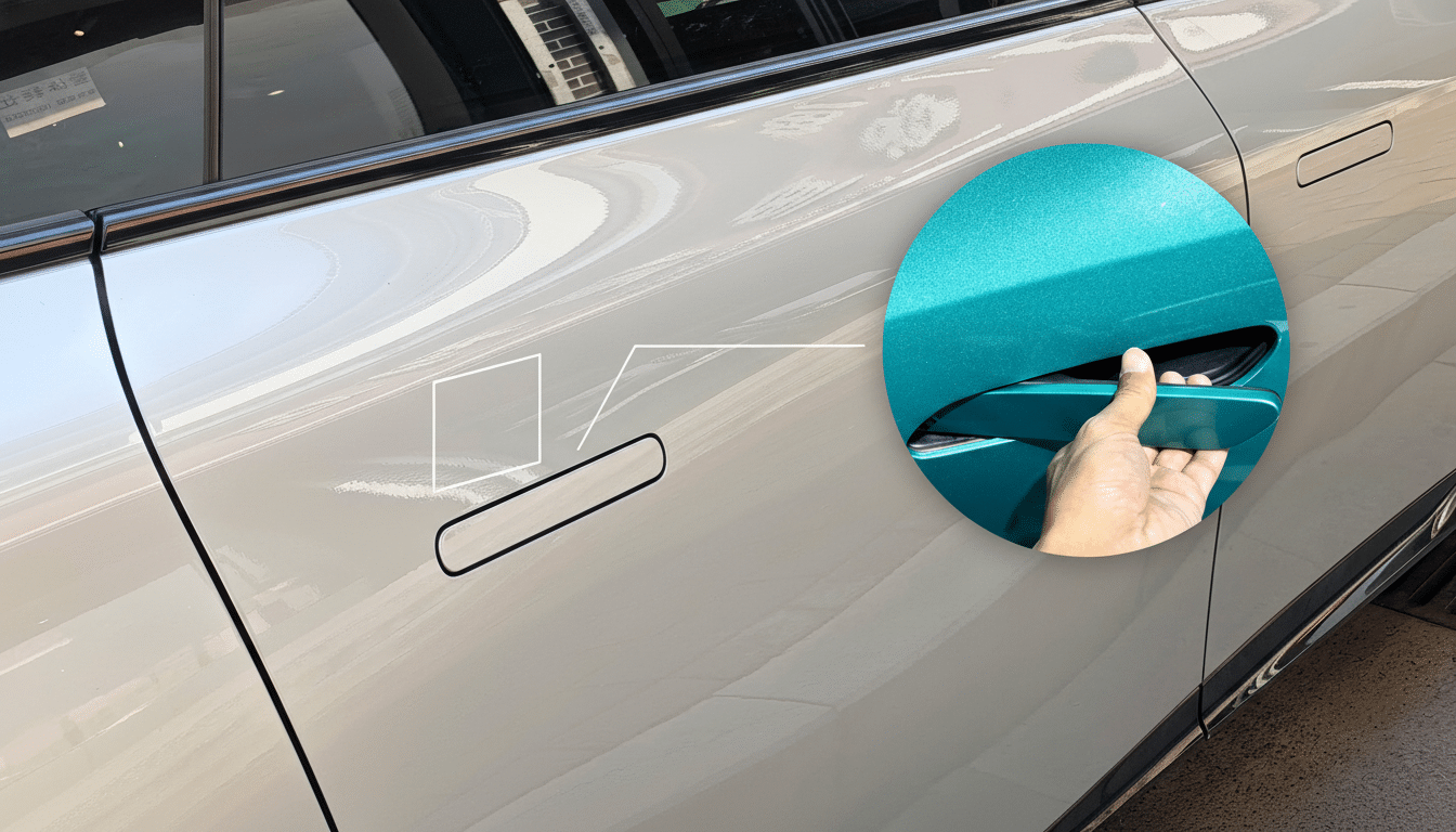 A close-up of a white car door with a circular inset showing a hand pulling on a teal, flush-mounted car door handle.