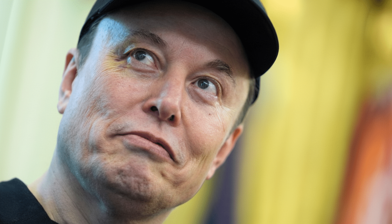 A close-up, professionally enhanced image of Elon Musk wearing a black cap, looking upwards and to the right, with a slightly pensive expression. The background remains the original, blurred yellow and orange tones.