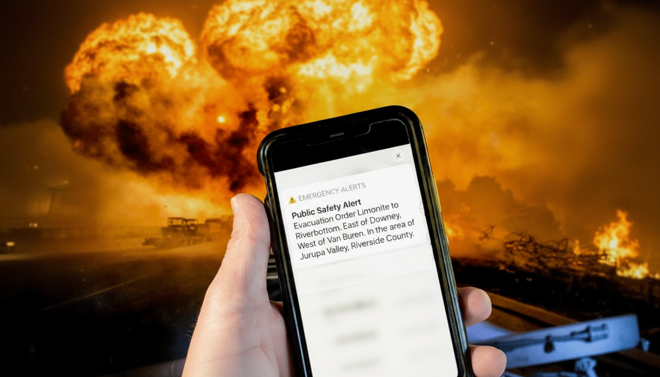 A hand holding a smartphone displaying a Public Safety Alert with an evacuation order, set against a background of explosions and fire.