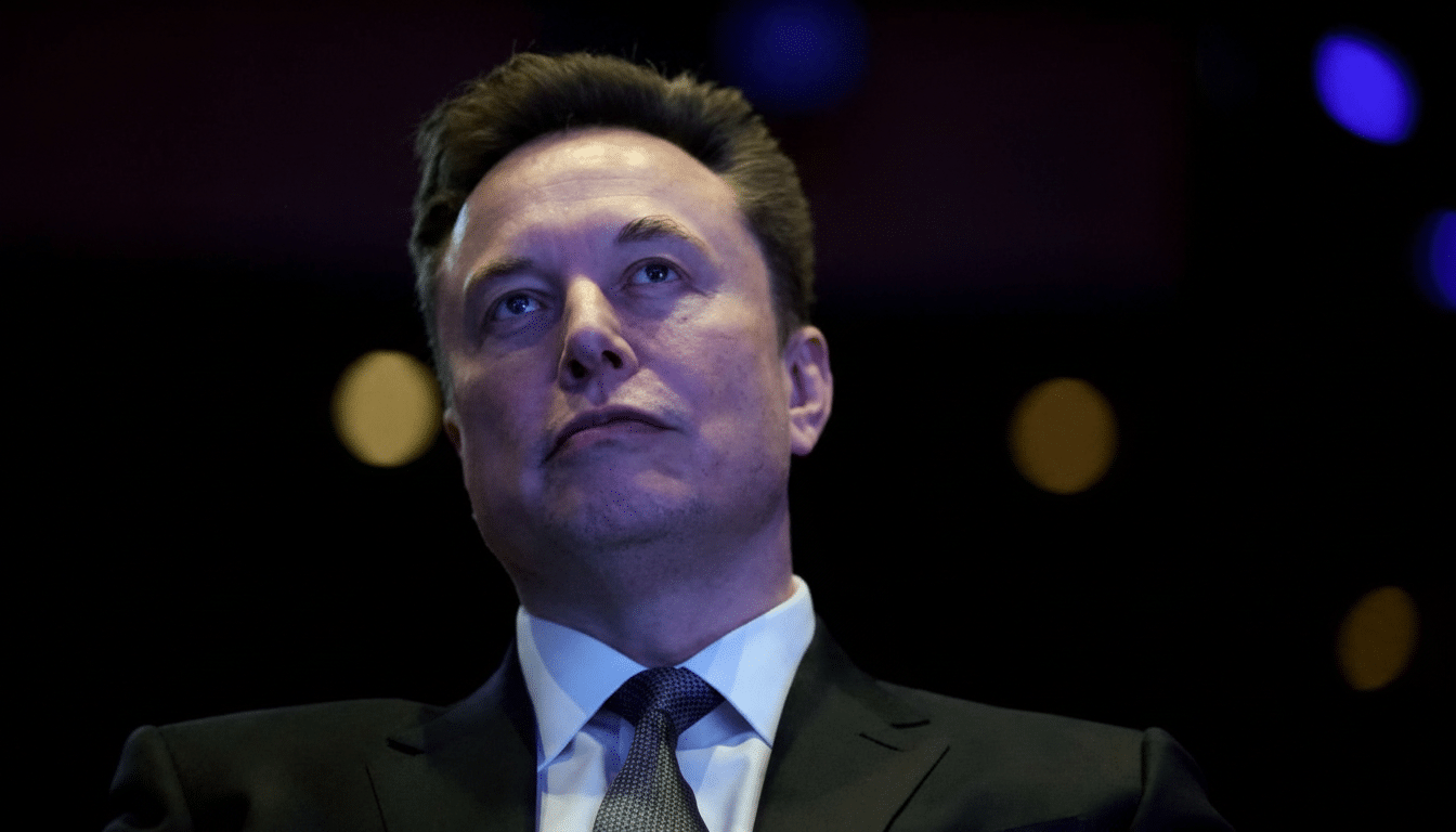 A professional headshot of Elon Musk looking upwards, with a dark background featuring blurred lights.