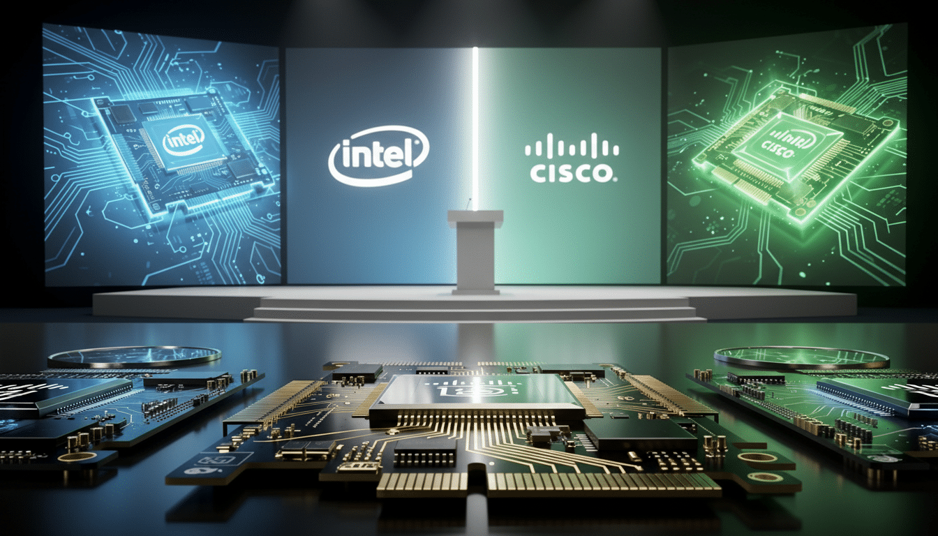 A professional presentation stage with a podium, flanked by three large screens displaying Intel and Cisco logos and circuit board designs. In the foreground, several detailed circuit boards are laid out on a dark surface.