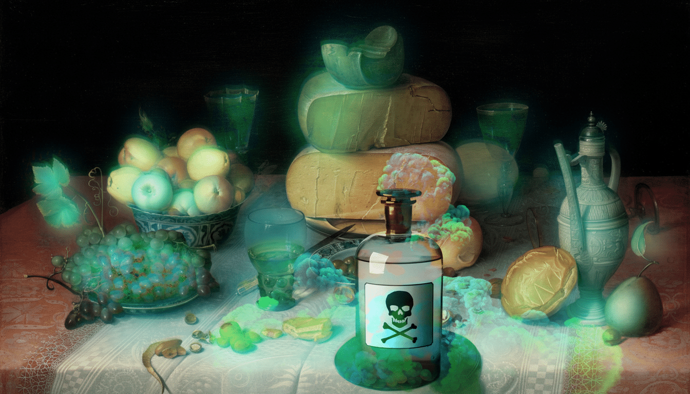 A still life painting featuring a bottle with a skull and crossbones label, surrounded by fruit, cheese, and other objects, with a green glow emanating from various elements.